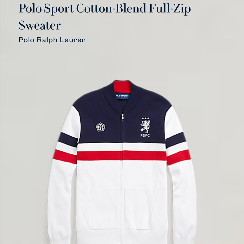 Polo by Ralph Lauren Navy and White Cotton-Blend Full-Zip Sweater